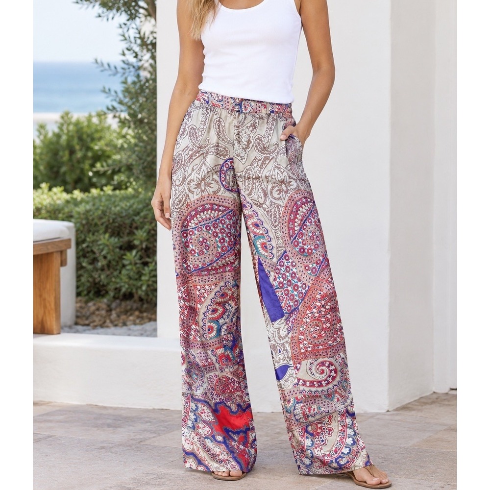 Zara Women's XS Paisley Moroccan Print Wide Leg Palazzo Pants Silky Pull On EUC